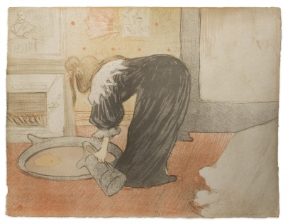 Image of Femme au Tub, the lithograph. A woman in a black robe leans over, filling a basin of water for a bath. 