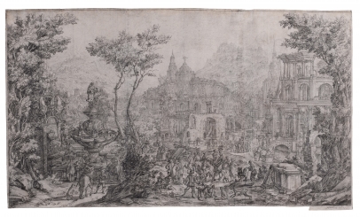 Soukens, An Elaborate Landscape Capriccio with Figure by a Fountain, Palatial Buildings Behind